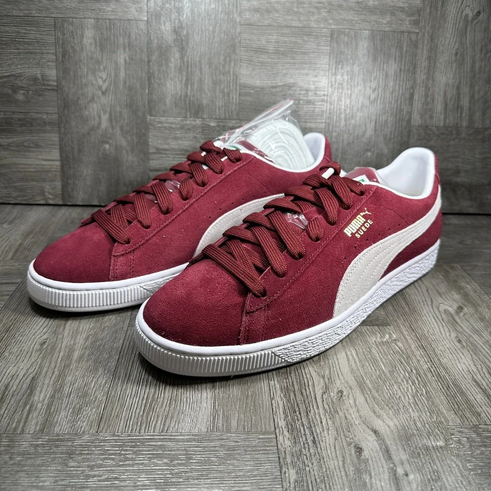 Puma Suede Sneakers Mens 11.5 Burgundy White Classic Low Top NEW